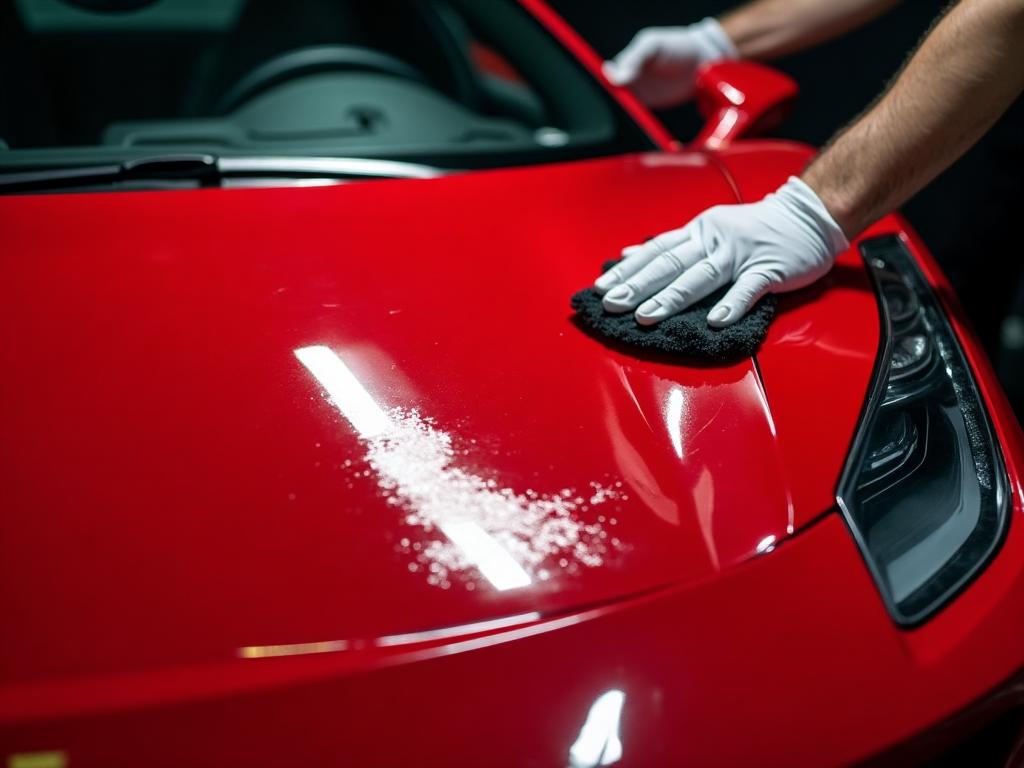 Ceramic coating being applied to a red sports car