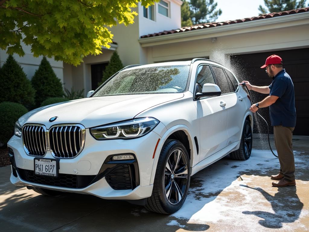 Exterior wash and wax on a dark sedan