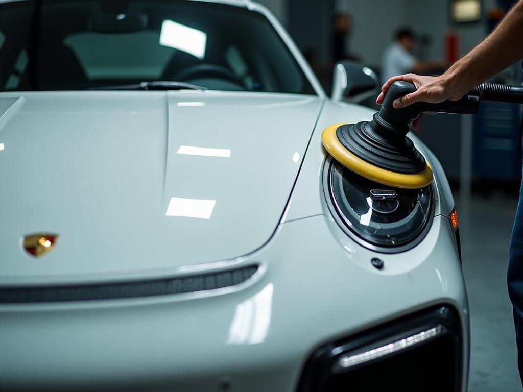 Paint correction polishing on a white Porsche